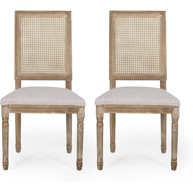 Bayou Breeze Wood & Cane Dining Chairs, Light Gray Upholstered, French ...